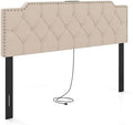 KOMFOTT Riveted Upholstered Headboard with Charging Station for Full & Queen Size Bed Frame, Tufted Button Bed Headboard with Solid Rubber Wood Legs, Headboard with Adjustable Width, Beige