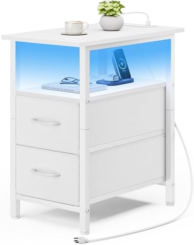 Vagusicc White Nightstand with Charging Station and LED Lights, Narrow Side Table, LED Night Stand with 2 Fabric Drawers, Bedside Table with USB Ports and Outlets, Tall Nightstand for Bedroom, White