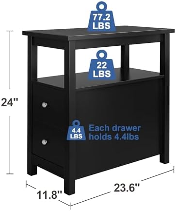 SUPER DEAL End Table with Drawers 3 Tier Narrow Side Table Wood Sofa Table for Living Room Bedroom Office Small Spaces, 23.6 x 24.1 inch, Black
