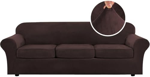 H.VERSAILTEX High Stretch Sofa Slipcover 4 Piece Cover Velvet Furniture Protector Form Fit Thick Velvet Extra Large Sofa Cover for 3 Cushion Couch Width Up to 97 Inch (Large Sofa, Brown)