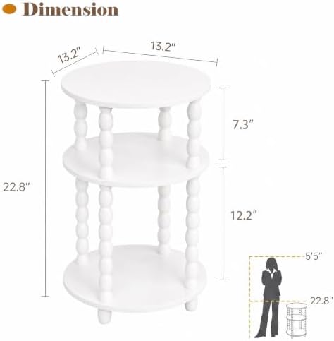 3-Tier Round Side Table, Small End Table with Solid Wood Spindle Legs White