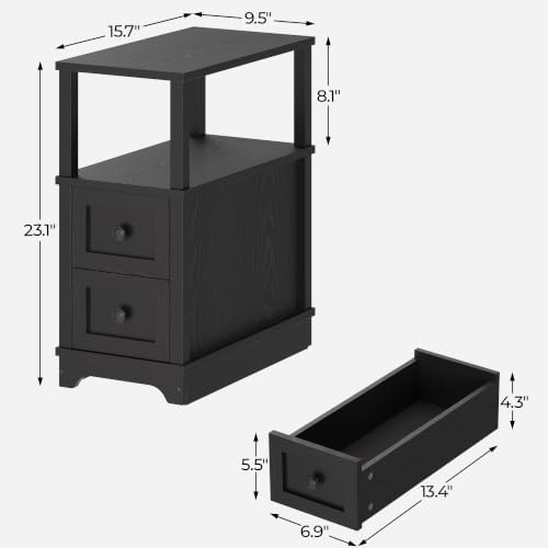 Farmhouse Slim Side Table with 2 Drawers, Wood Black End Table,
