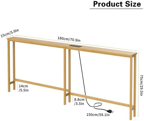 VASMIA 70.9 Inch Narrow Console Table with Outlet,Bamboo Behind Couch Sofa Table,Skinny Hallway Table for Entryway Living Room,Foyer,Natural