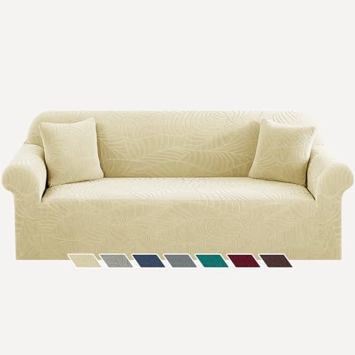 YEMYHOM Couch Cover Latest Jacquard Design High Stretch Extra Large Sofa Covers Pet Dog Cat Proof Oversized Slipcover Non Slip Magic Elastic Furniture Protector (X-Large, Begonia Leaf Beige)