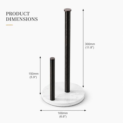 Oil Rubbed Bronze Paper Towel Holder for Kitchen Countertop, 304 Stainless Steel Roll Dispenser with White Engineered Marble Weighted Base, Freestanding Paper Towel Stand for Standard Rolls