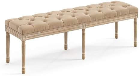 LUE BONA 60" Fabric End of Bed Bench, Upholstered Tufted French Bedroom Bench with Carved Legs for Bedroom End of King Size Bed, Living Room, Wheat