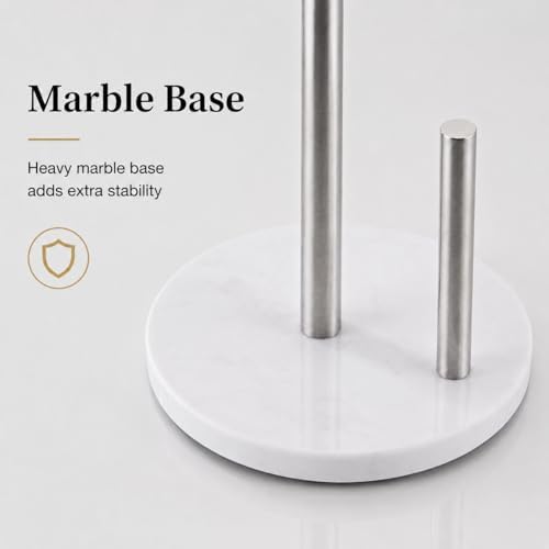 Brushed Nickel Paper Towel Holder for Kitchen Countertop, 304 Stainless Steel Roll Dispenser with White Engineered Marble Weighted Base, Freestanding Paper Towel Stand for Standard Rolls