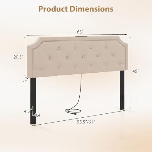 GIANTEX Headboard with Charging Station, Queen/Full Size Diamond Tufted Upholstered Head Board w/2 AC Outlets, USB & Type-C Port, Rubber Wood Legs, Width Adjustable Modern Bed Headboard Only (Beige)