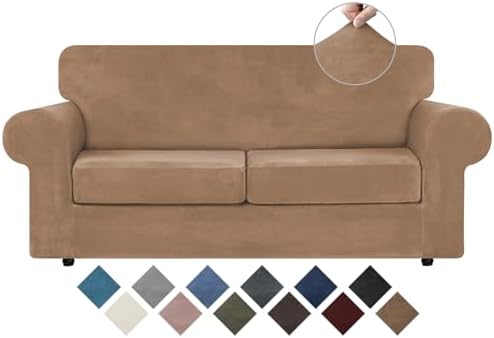 WEERRW Velvet Stretch 3 Pieces Couch Cover for Sofa Washable, Camel
