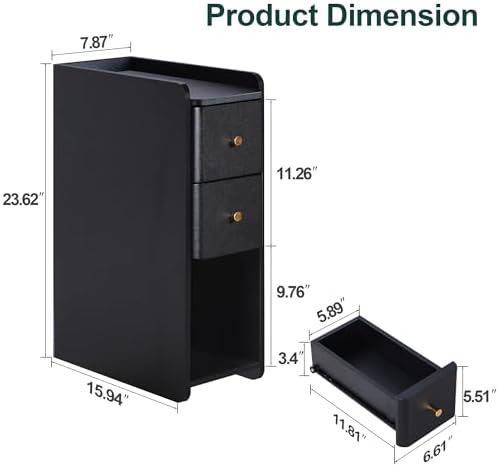 Narrow Nightstand Set of 2, Wooden Small 2 Drawer Nightstand, Slim Side End Table, Skinny Bedside Table, Mid Century Modern Night Stand with Drawers for Bedroom (Black-2 pcs)