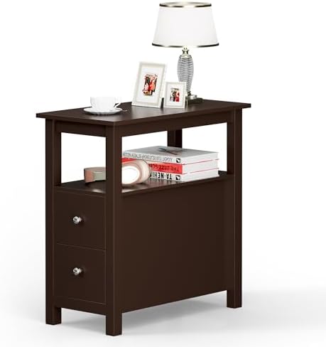 ZENY Narrow End Table Side Table with Drawer and Open Shelf Sofa Table for Living Room Bedroom, Small Table for Bedside, Espresso