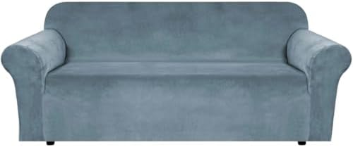 H.VERSAILTEX Stretch Velvet Sofa Covers for 3 Cushion Couch Covers Furniture Protector Soft with Non Slip Elastic Bottom, Crafted from Thick Comfy Rich Velour (Large Sofa 90"-97", Stormy Blue)