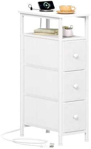 Somdot Narrow End Table with Charging Station, Side Table, 3 Drawers