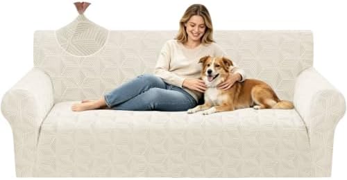 ZNSAYOTX Stretch Couch Cover, 1 Piece Sofa Covers for 3 Cushion Couch, Jacquard Sofa Slipcovers with Elastic Bottom Thickened Furniture Protector for Dog Cat Pet (Large, Beige)
