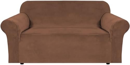 H.VERSAILTEX Stretch Velvet Loveseat Covers for 2 Cushion Couch Covers for Living Room Sofa Covers Slipcovers with Non Slip Straps Bottom, Ultra Thick Comfy Velour (Width 58"-72", Caramel Cafe)