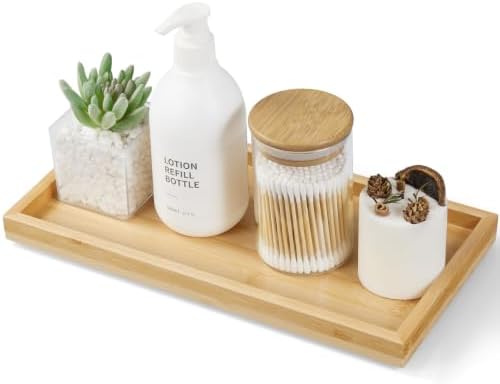 ALELION 11.7" Bamboo Bathroom Vanity Tray for Counter, Wooden Soap Dispenser Tray for Kitchen Sink, Toilet Tank Tray, Perfume Makeup Jewelry Catchall Organizer