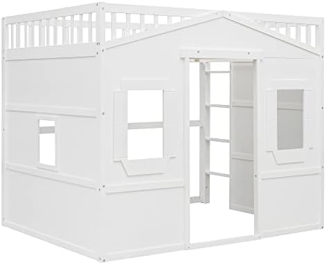 Full Size Loft Bed Space-Saving House Bed Frame with Safety Guard & Ladder for Small Bedroom, White