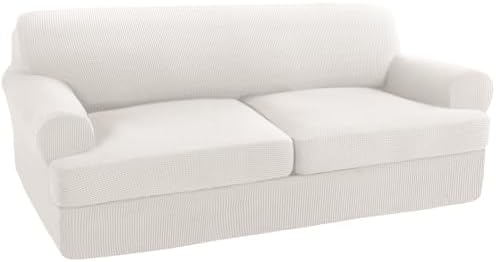 Turquoize 3 Piece T Cushion Sofa Slipcovers Stretch Couch Cover Furniture Covers with 2 Individual T Cushion Covers, Machine Washable (2 Cushion Sofa, Ivory)