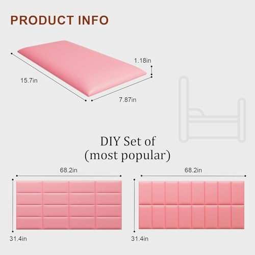 Peel and Stick Headboard Pink Upholstered Wall Panels, 4 Panels Sized 7.8" x 15.7", 3D Anti-Collision Soundproof Self-Adhesive Wall Panel for Bedroom