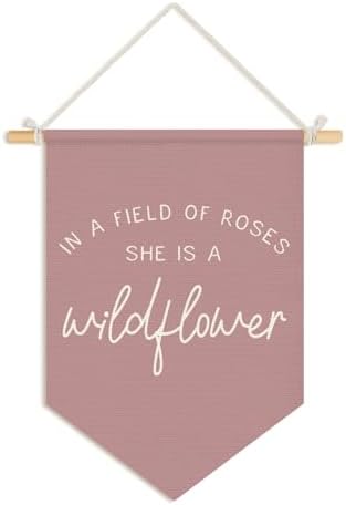 Wheatwin Girl Nursery Decor, in a Field of Roses She Is a Wildflower Wall Hanging Pennant Flag Banner, Wildflower Nursery Wall Decor for Toddler Baby Girls Room Bedroom Playroom 15x11 Inch