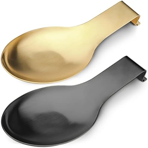 VanlonPro Stainless Steel Spoon Rest, Spatula Ladle Holder, Stainless Steel Utensil Spoon Rest Holder, Brushed Finish, Dishwasher Safe 9.8 x 3.7 Inch (Gold + Black, 2PCS)