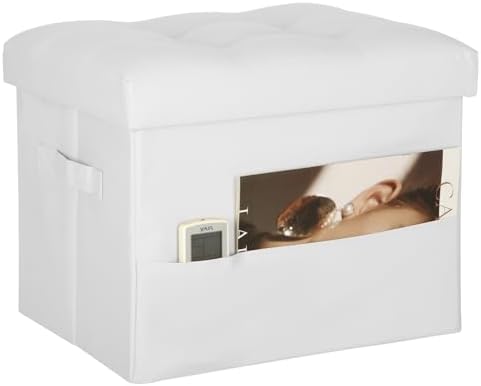 Ottoman with Storage. Folding Foot Stool with Thick Foam Padded Seat, White