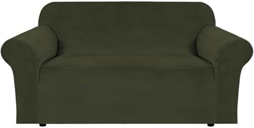 H.VERSAILTEX Stretch Velvet Loveseat Covers for 2 Cushion Couch Covers for Living Room Sofa Covers Slipcovers with Non Slip Straps Bottom, Ultra Thick Comfy Velour (Width 58"-72", Olive)
