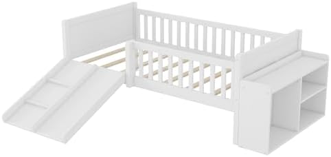SOFTSEA Twin Size Kids Low Loft Bed with Slide, Wood Loft Bed Frame with Storage Shelves and Guardrails for Boys Girls, White