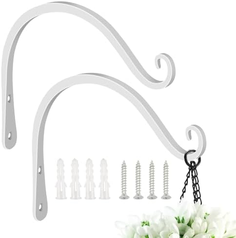 FEED GARDEN Heavy Duty Plant Hooks - 2 Pack 8 Inch Wall Mounted Hanging Brackets, 44lb Capacity Steel Plant Hangers for Bird Feeders, Baskets, Wind Chimes Outdoor Indoor- White