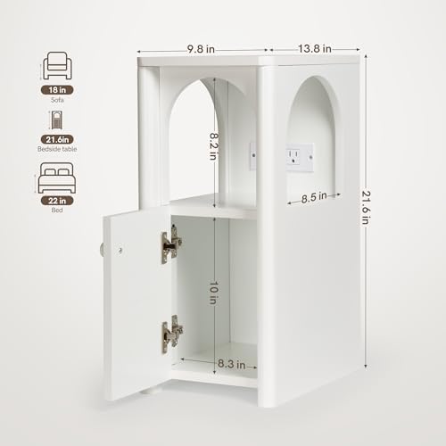 White Narrow Nightstand Set of 2 Bedside Table with ChargingStation
