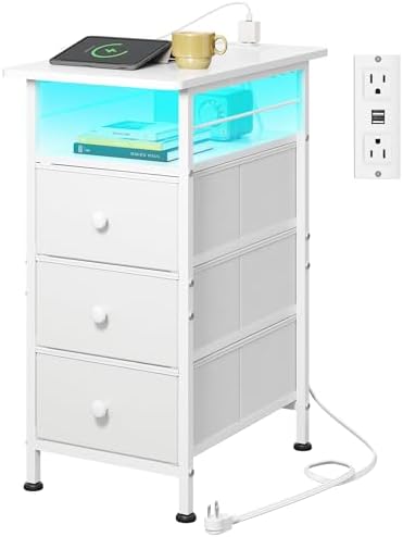 WLIVE Night Stand with Charging Station, End Table with 3 Fabric Drawers