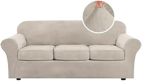 H.VERSAILTEX Modern Velvet Plush 4 Piece High Stretch Sofa Slipcover Sofa Cover Furniture Protector Form Fit Thick Velvet Sofa Cover for 3 Cushion Couch Width Up to 90 Inch (Sofa, French Oak)