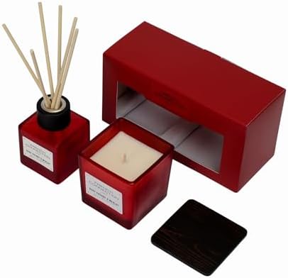 French Connection Square Range Scented Candle & Reed Diffuser Gift Set | 220g Shea Butter Wax Candle & 100ml Diffuser | Glass Jar Design | 37-Hour Burn Time | Gift Box (Ruby Cherry & Merlot)