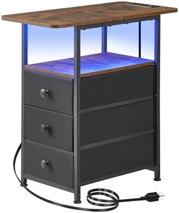 DALEMHOME Narrow End Table with Charging Station, Narrow Side Table with 3 Fabric Drawers, Slim Nightstand with LED Light, Small Table with Storage, Living Room, Bedroom, Rustic Brown HKET1303BR