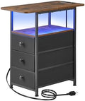 DALEMHOME Narrow End Table with Charging Station, Narrow Side Table with 3 Fabric Drawers, Slim Nightstand with LED Light, Small Table with Storage, Living Room, Bedroom, Rustic Brown HKET1303BR