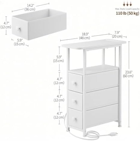 DALEMHOME Narrow End Table with Charging Station, Narrow Side Table with Drawer, Small Nightstand with LED Light, Skinny Nightstand, Small Bedside Table for Living Room, Bedroom, Couch, White