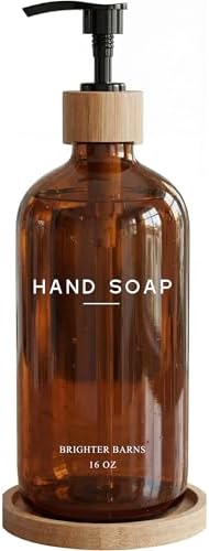 Amber Glass Hand Soap Dispenser Bathroom Set by Brighter Barns - Hand Soap Dispenser for Kitchen Sink & Bathroom - Bamboo Glass Bottle with Tray - Modern Home Decor for Spa, RV, Fitness Center (Amber)