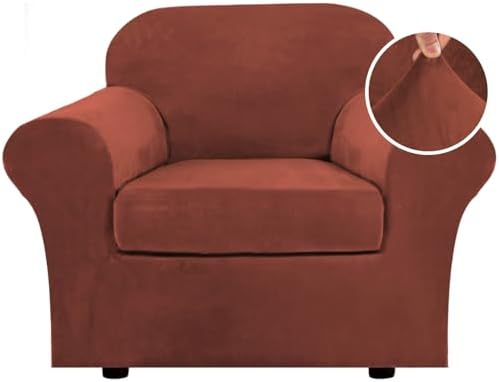 H.VERSAILTEX Rich Polyester and Spandex 2 Piece Cover Chair Slipcover Sofa Cover Furniture Protector Couch Soft with Elastic Bottom Chair Couch Cover with Arms, Machine Washable(Chair, Rust)