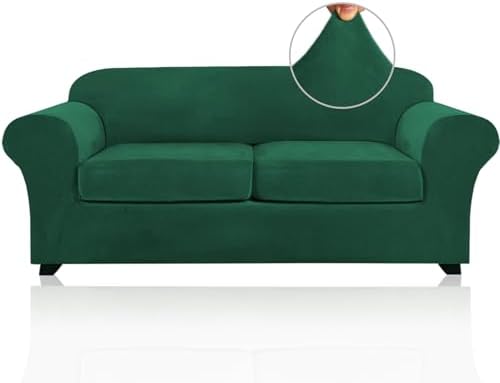 PrinceDeco 3 Pieces Sofa Covers Velvet Couch Covers for 2 Cushion Sofa Soft Sofa Covers for 2 Cushion Couch Width Up to 90 Inch Feature Thick Soft Stay in Plac(Medium-Large, Green)