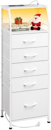 WLIVE Night Stand with Charging Station, White LED 5 Drawers Bedside Table