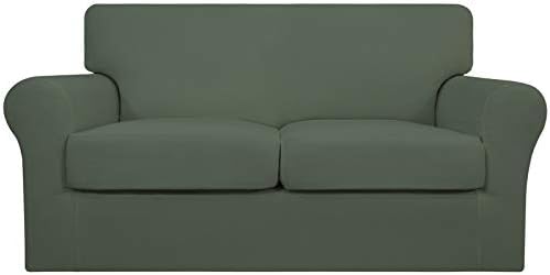 Easy-Going 3 Pieces Stretch Soft Couch Cover for Dogs - Washable Sofa Slipcover for 2 Separate Cushion Couch - Elastic Furniture Protector for Pets, Kids (Loveseat, Greyish Green, Medium)