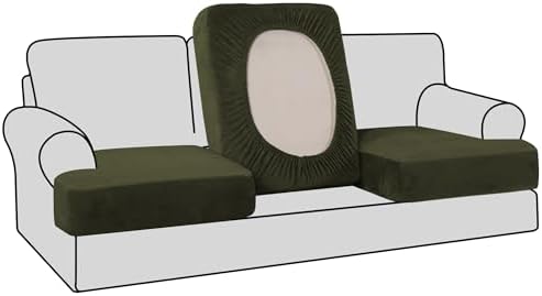 H.VERSAILTEX Stretch Velvet 3 Piece T Cushion Sofa Slipcovers for Living Room Individually Sofa Covers for 3 Cushion Seat Cushion Covers (Sofa, Olive)