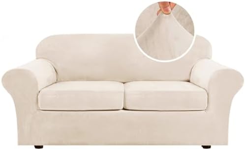 H.VERSAILTEX Real Velvet Plush 3 Piece Stretch Sofa Covers Couch Covers for 2 Cushion Couch Sofa Slipcovers Width Up to 90 Inch Feature Thick Soft Stay in Place (Sofa, Butter Cream)