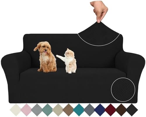 JIVINER Stretch Loveseat Slipcovers 1 Piece Love Seat Sofa Cover Spandex 2 Seater Couch Covers Universal Furniture Protector with Elastic Bottom (Black, Loveseat)