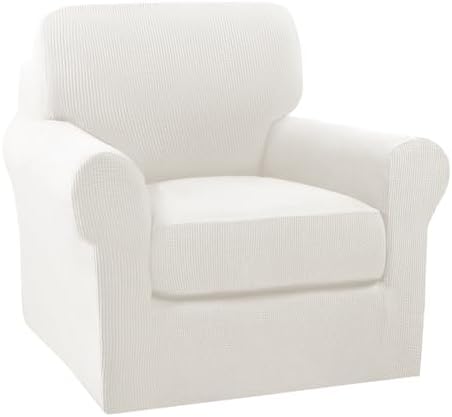 Turquoize 2 Piece Chair Covers Armchair Slipcovers for Living Room Small Armchair Chair Cover with Arms Washable Furniture Cover for Chairs Feature Jacquard Fabric (Small Armchair, Porcelain White)