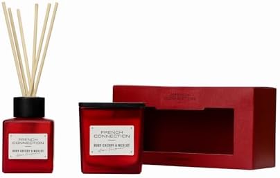 French Connection Square Range Scented Candle & Reed Diffuser Gift Set | 220g Shea Butter Wax Candle & 100ml Diffuser | Glass Jar Design | 37-Hour Burn Time | Gift Box (Ruby Cherry & Merlot)
