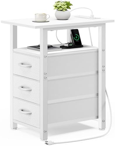 Vagusicc White End Table with Charging Station, Narrow Side Table, Narrow Nightstand with 3 Fabric Drawers, Slim Sofa Side Table for Small Spaces, Small Night Stand for Bedroom, White