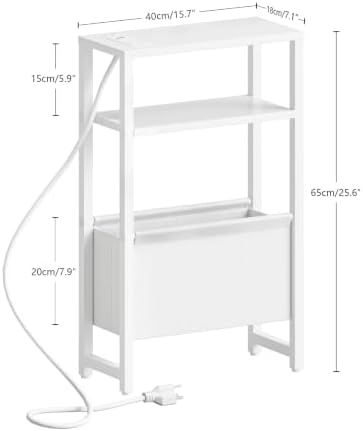 Narrow Side Table with Charging Station Slim End Table Sofa with Magazine Rack, Bedside Table for Small Spaces, 3 Tier Nightstand for Living Room Couch, Bedroom White LET503WE