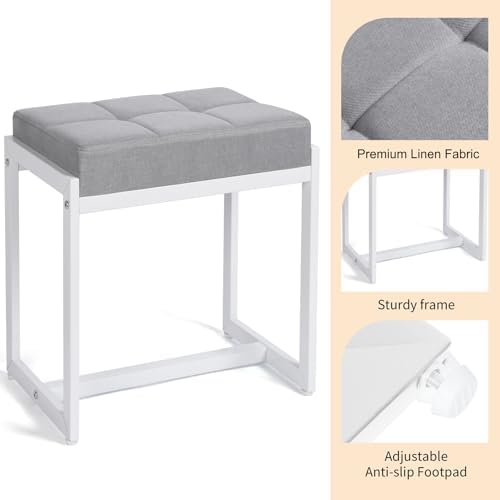 Vanity Stool, Vanity Chair Stools for Makeup Room, Square Linen Makeup Stool for Vanity, Modern Padded Small Ottomans Foot Rest for Bedroom Living Room, Grey & White