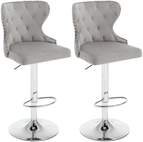 Set of 2 Adjustable Swivel Bar Stools, Velvet Upholstered Counter Height Chairs with Nailhead Trim, Silver Footrest, and High Back for Kitchen Island, Home Bar, Dining Room, Cafe,Gray